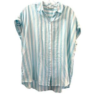Beach Lunch Lounge Button Up Cuffed Short Sleeve Top Large Blue White Striped